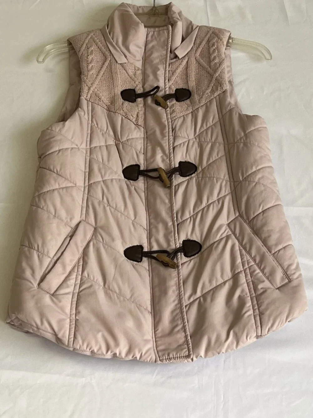 Maurices Quilted Puffer Vest Size S Blush Pink Cable Knit Lace Yoke Toggle